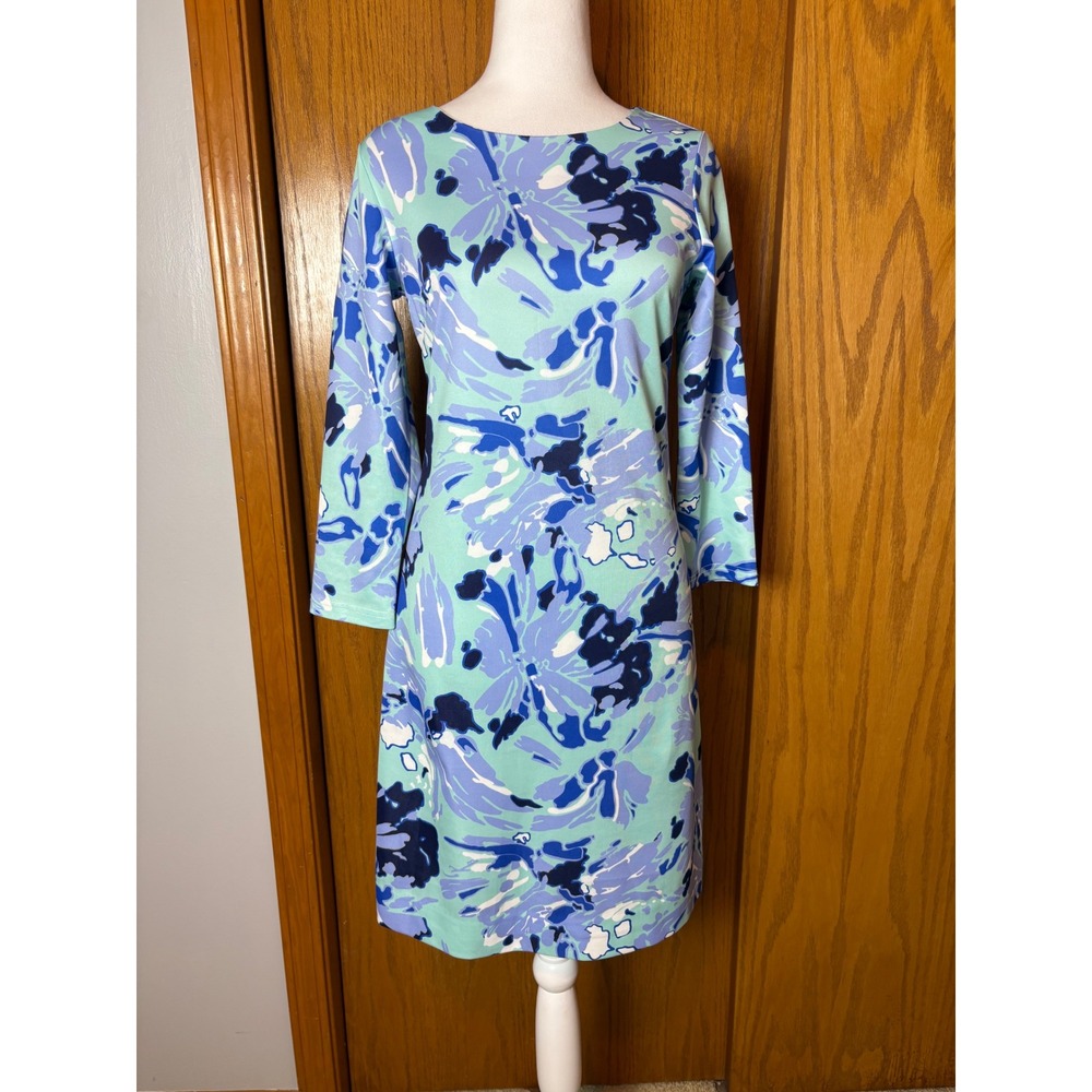 CK Bradley Hudson Floral Shift Dress Blue Green 3/4 Sleeve Boat Neck Stretch XS